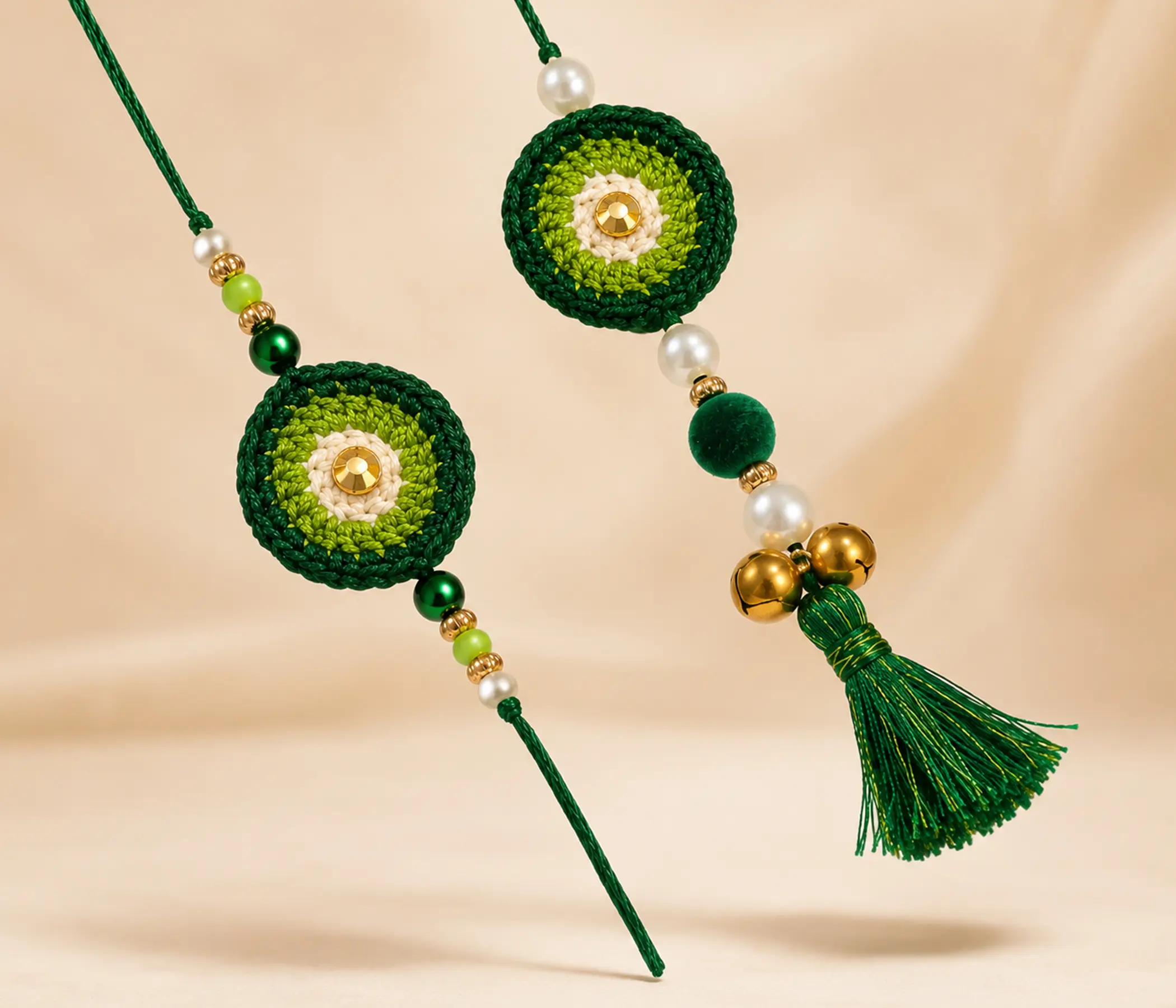 Handmade Concentric Green Crochet Bhai Bhabhi Rakhi Set for Raksha Bandhan